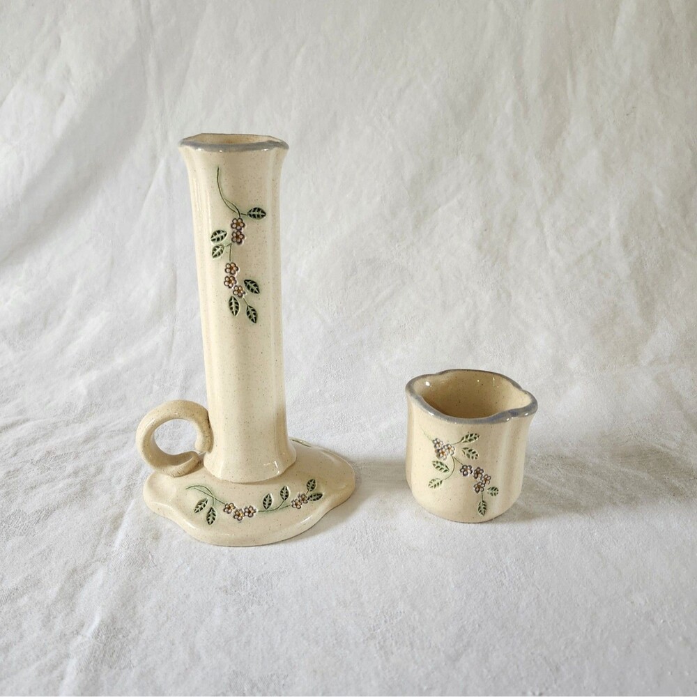 Vintage Mountain Meadows Pottery Candlestick Bud Vase Duo Floral Inlay Print USA